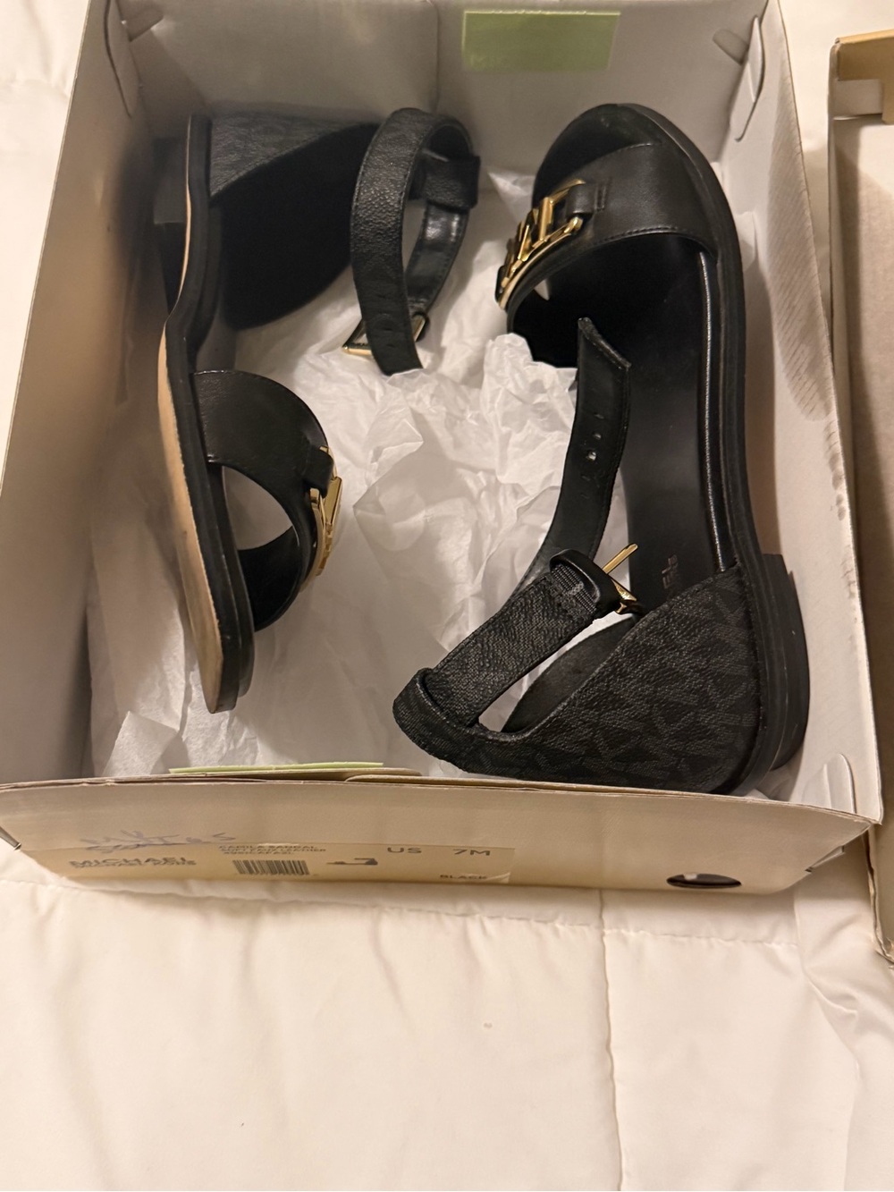 Michael Kors Black Leather and Logo Wedge Sandals with Gold Accent
